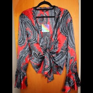 Red Bell Sleeve Paisley Tie Front Blouse
